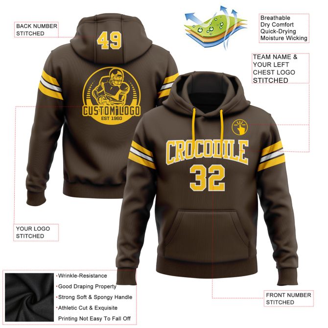 Custom Stitched Brown Gold-White Football Pullover Sweatshirt Hoodie