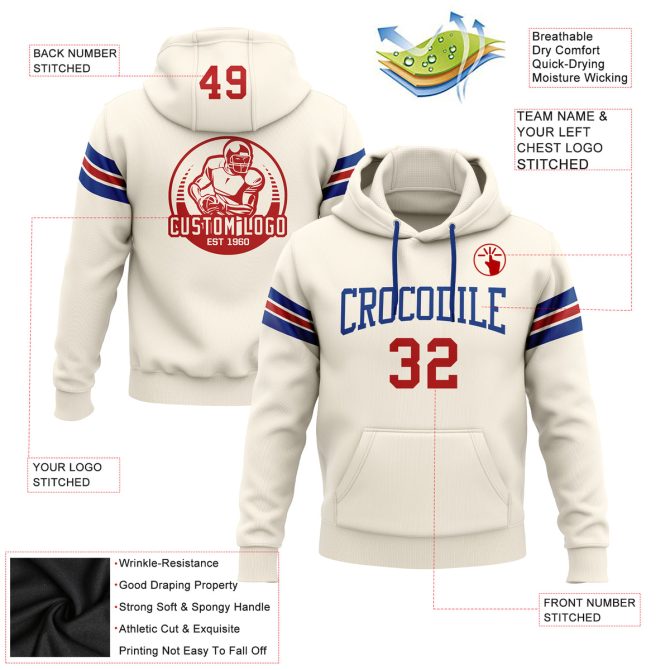 Custom Stitched Cream Red-Royal Football Pullover Sweatshirt Hoodie