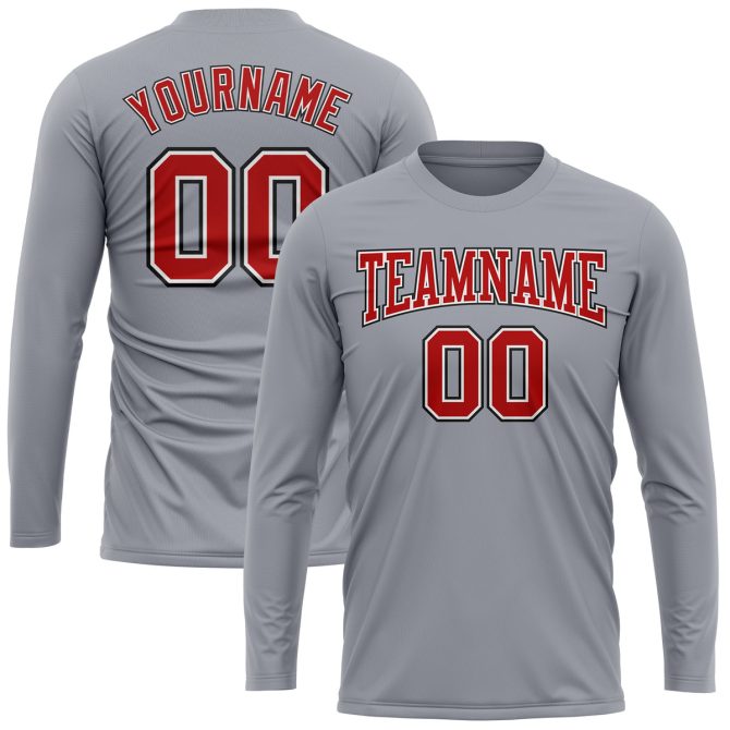 Custom Gray Red-Black Long Sleeve Performance T-Shirt