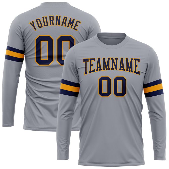 Custom Gray Navy-Gold Long Sleeve Performance T-Shirt