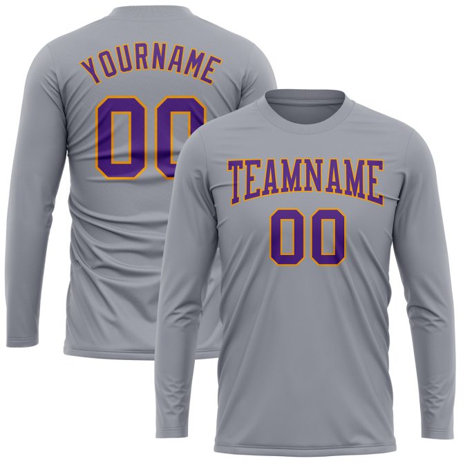 Custom Gray Purple-Gold Long Sleeve Performance T-Shirt