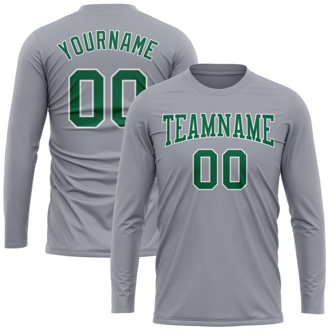 Custom Gray Kelly Green-White Long Sleeve Performance T-Shirt