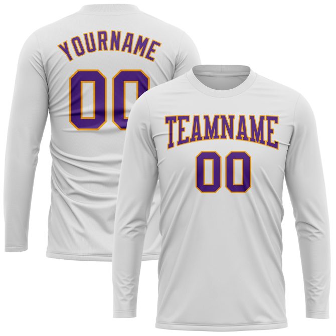 Custom White Purple-Gold Long Sleeve Performance T-Shirt