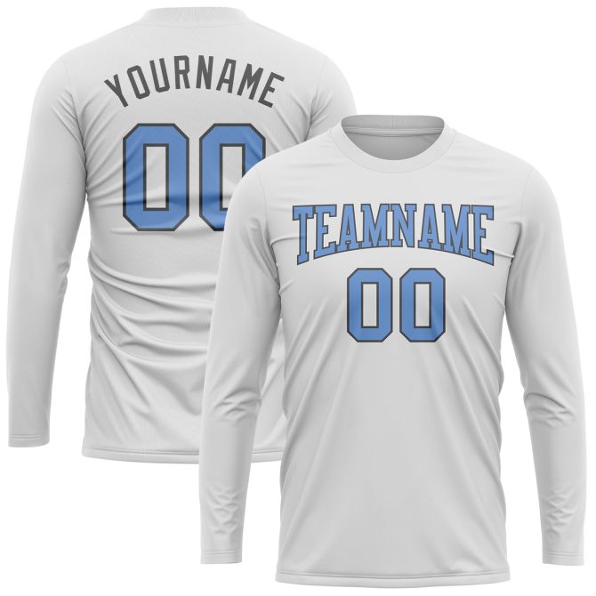 Custom White Light Blue-Dark Gray Long Sleeve Performance T-Shirt