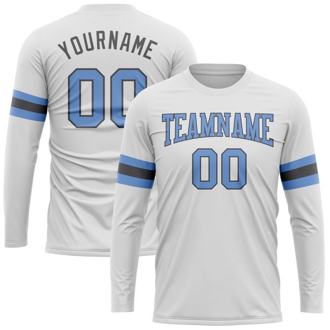 Custom White Light Blue-Dark Gray Long Sleeve Performance T-Shirt