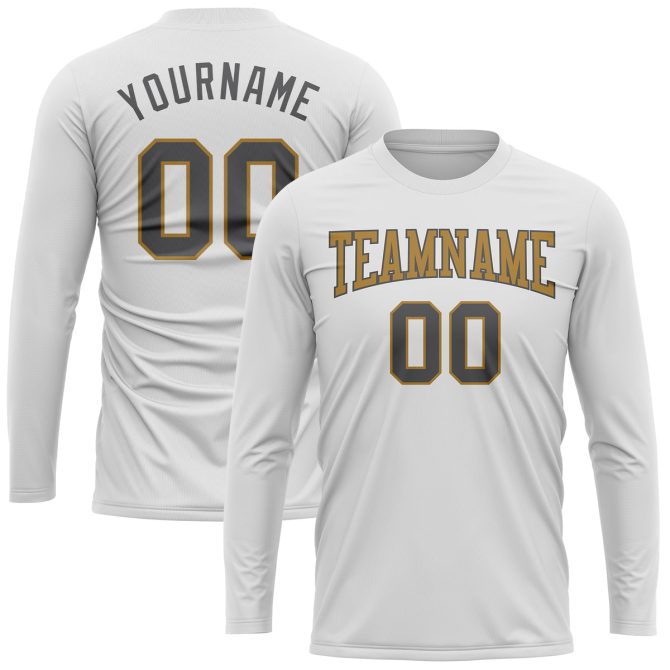 Custom White Dark Gray-Old Gold Long Sleeve Performance T-Shirt