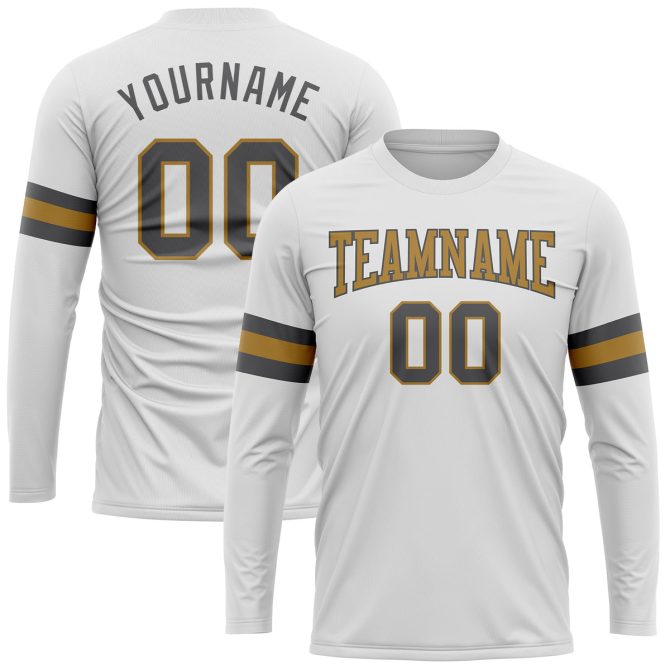 Custom White Dark Gray-Old Gold Long Sleeve Performance T-Shirt