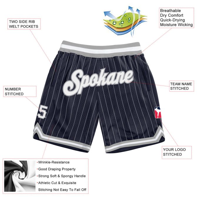 Custom Navy White Pinstripe White-Silver Gray Authentic Basketball Shorts