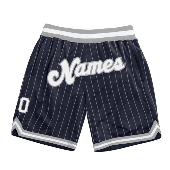 Custom Navy White Pinstripe White-Silver Gray Authentic Basketball Shorts