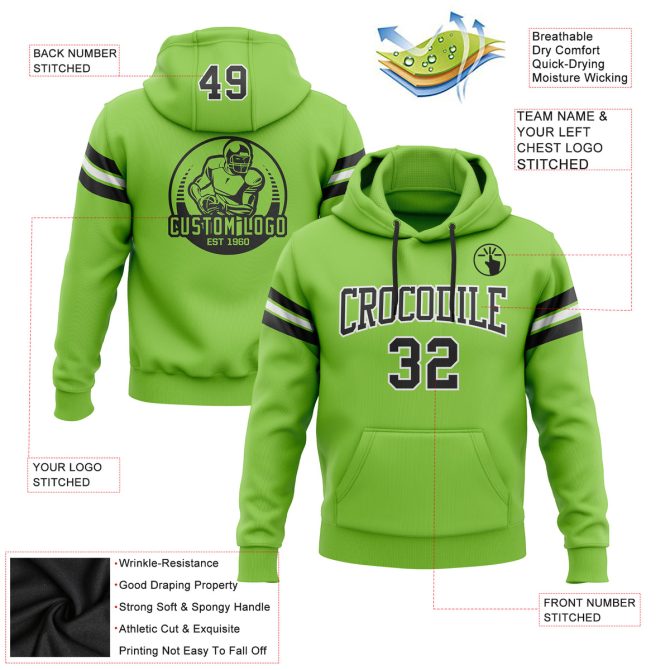 Custom Stitched Neon Green Black-White Football Pullover Sweatshirt Hoodie