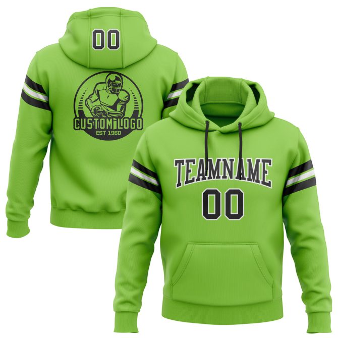 Custom Stitched Neon Green Black-White Football Pullover Sweatshirt Hoodie