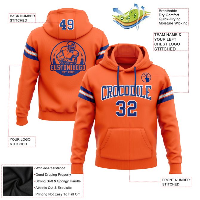 Custom Stitched Orange Royal-White Football Pullover Sweatshirt Hoodie