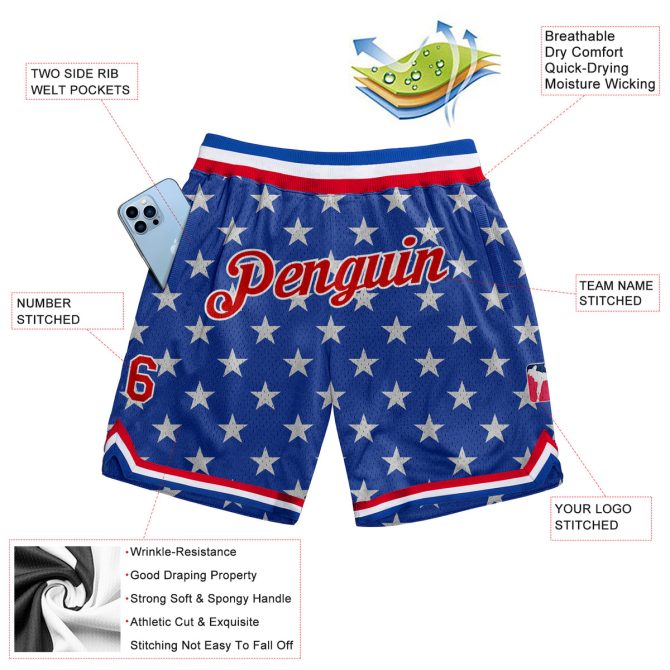 Custom Royal Red-White 3D Pattern Design American Flag Authentic Basketball Shorts