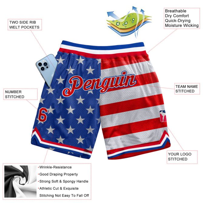 Custom Royal Red-White 3D Pattern Design American Flag Authentic Basketball Shorts