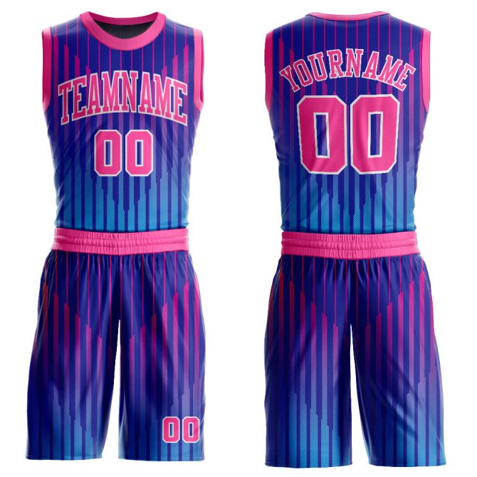 Custom Royal Pink-White Round Neck Sublimation Basketball Suit Jersey