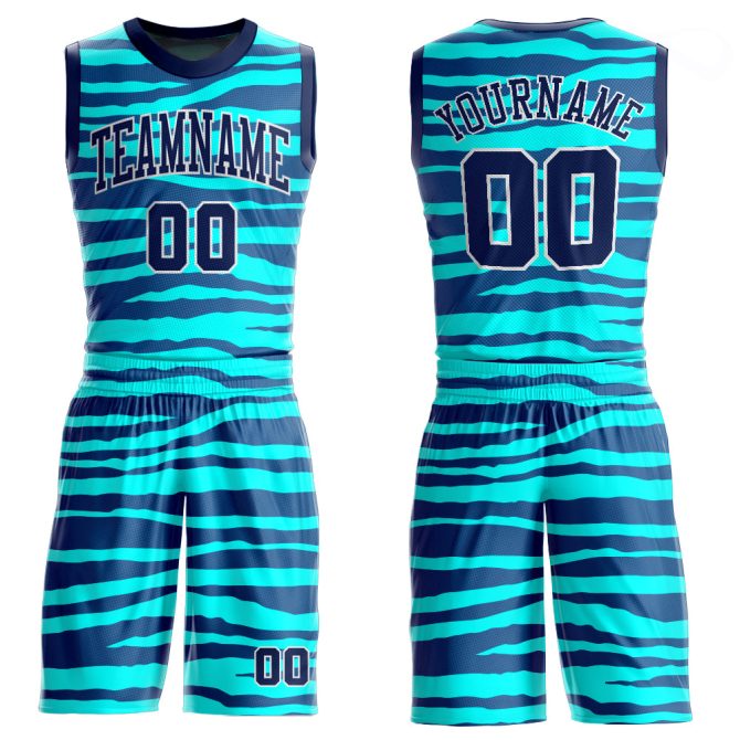 Custom Teal Navy-White Round Neck Sublimation Basketball Suit Jersey