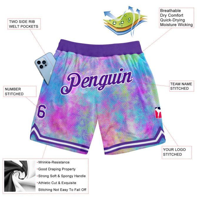 Custom Tie Dye Purple-White 3D Pattern Design Watercolor Gradient Authentic Basketball Shorts