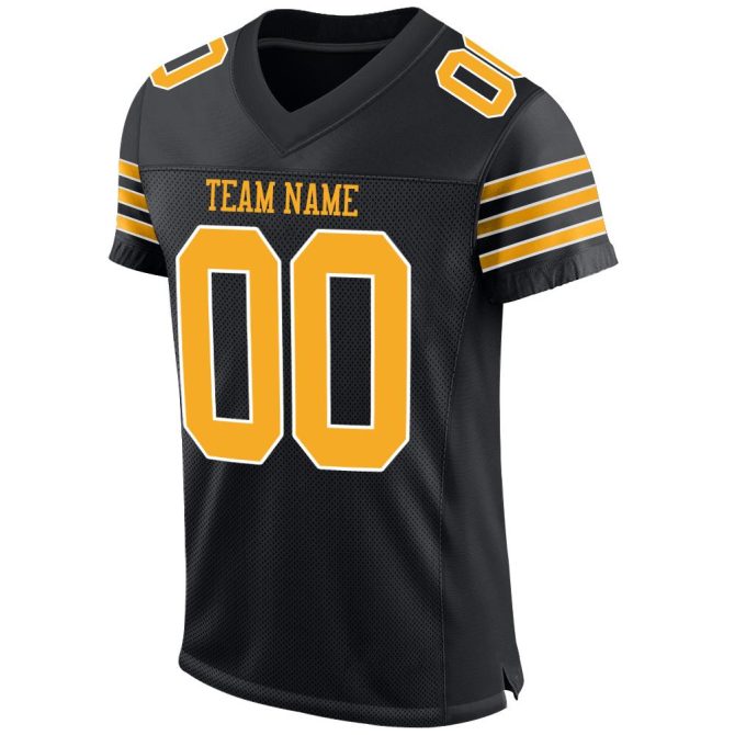 Custom Black Gold-White Mesh Authentic Football Jersey