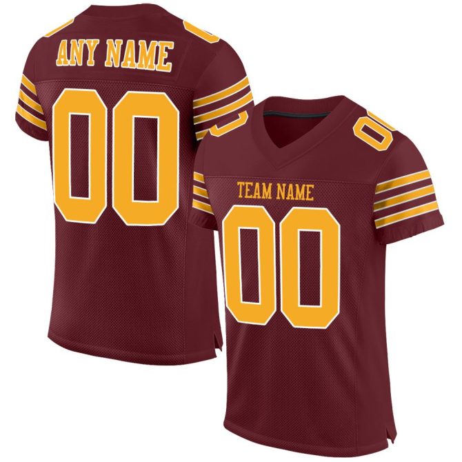 Custom Burgundy Gold-White Mesh Authentic Football Jersey