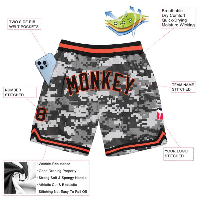 Custom Camo Black-Orange Authentic Salute To Service Basketball Shorts