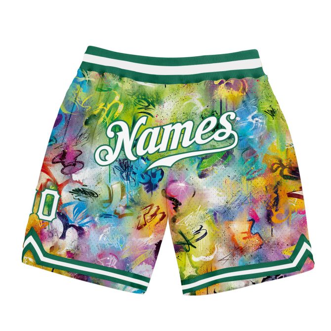 Custom Scratch Graffiti Pattern White-Kelly Green 3D Authentic Basketball Shorts