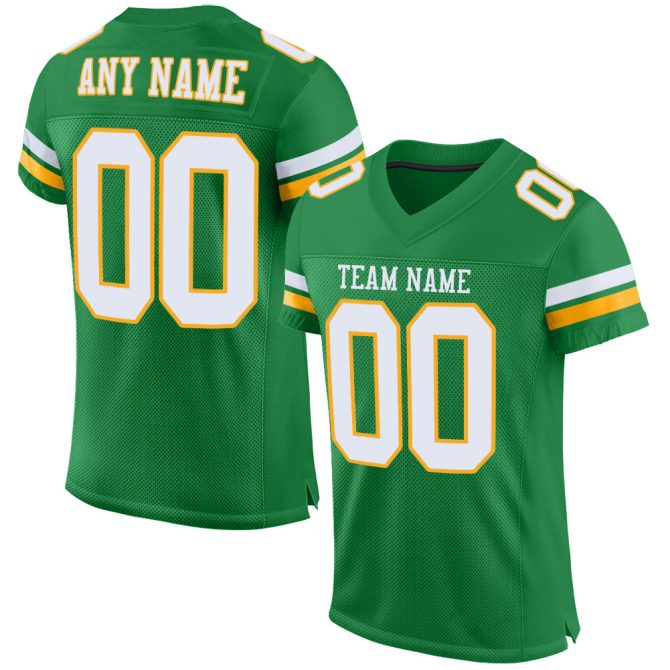 Custom Grass Green White-Gold Mesh Authentic Football Jersey