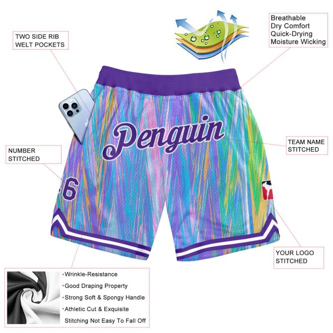 Custom Light Blue Purple-White 3D Pattern Design Zigzag Color Authentic Basketball Shorts