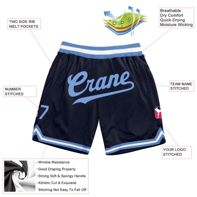 Custom Navy Light Blue-White Authentic Throwback Basketball Shorts