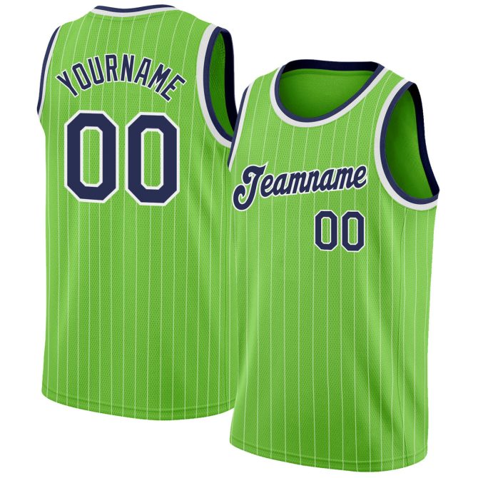 Custom Neon Green White Pinstripe Navy-White Authentic Basketball Shorts