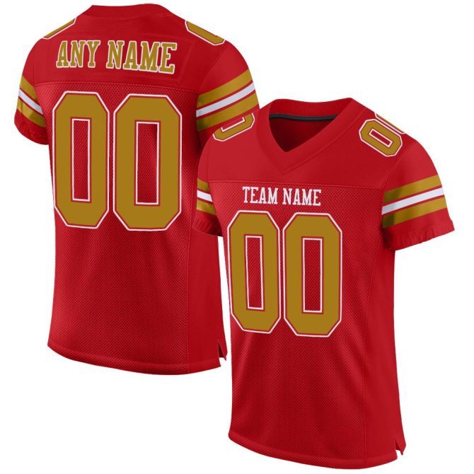 Custom Red Old Gold-White Mesh Authentic Football Jersey