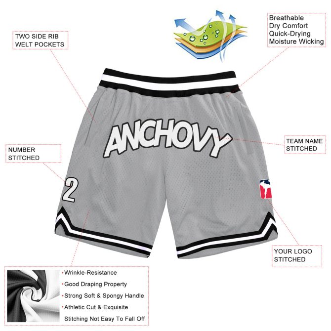 Custom Silver Gray White-Black Authentic Throwback Basketball Shorts